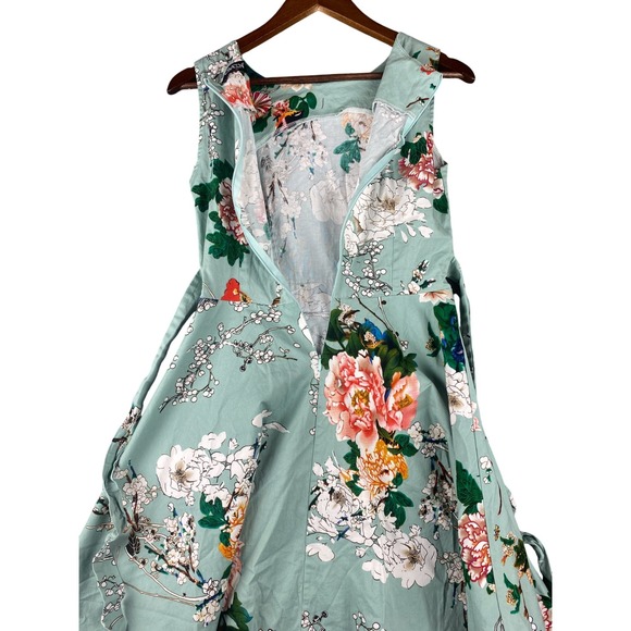 Dress Womens Medium Mint Floral Peony Fit & Flare Retro 50s Cotton Stretch OWIN - Picture 3 of 11